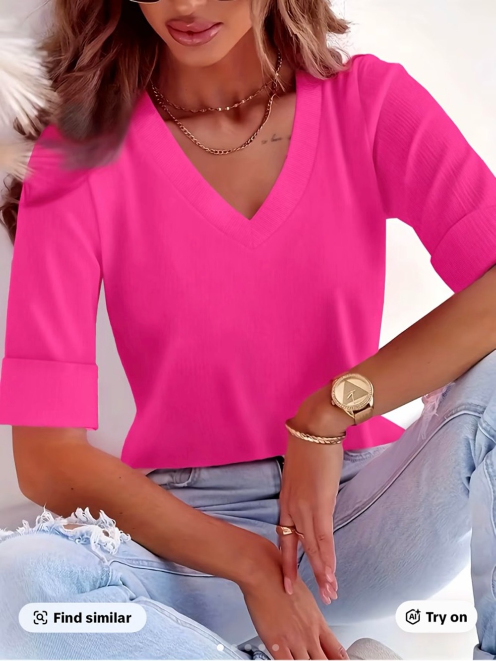 V-Neck Short Sleeve Top in Hot Pink